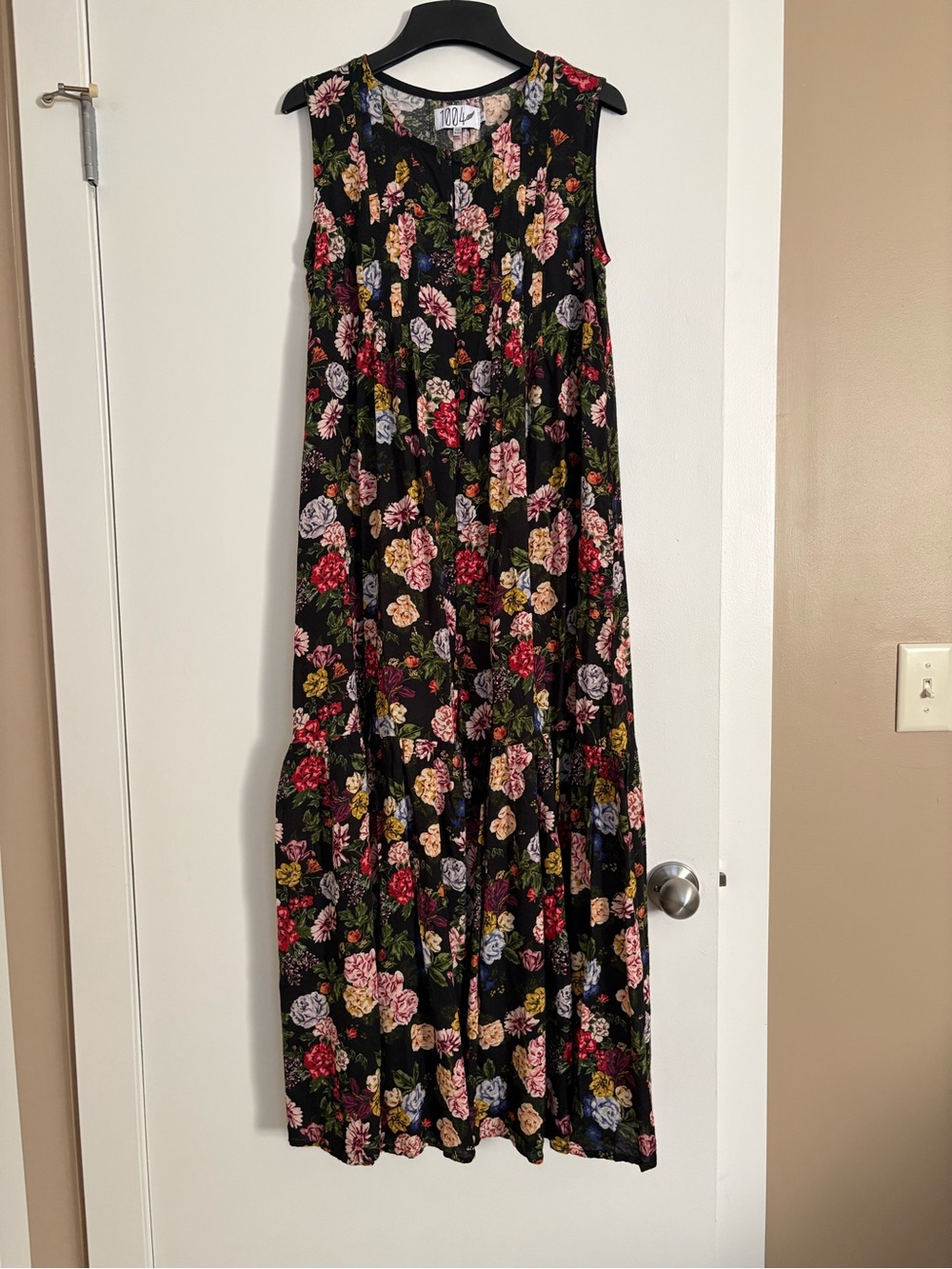 Sleeveless Floral Maxi Dress in Black with Pocket Made in USA